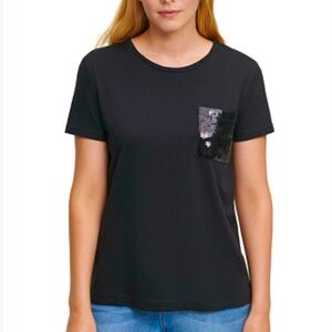 DKNY Womens Black Short Sleeve Round Neck Tshirt With Sequins Pocket, NWOT Large